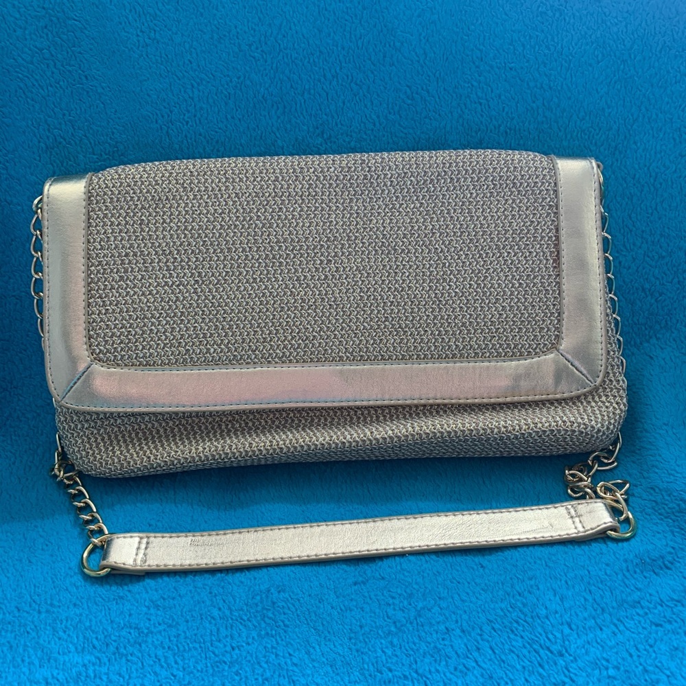 Woven Straw Clutch w/ Gold Leather Trim and Chain